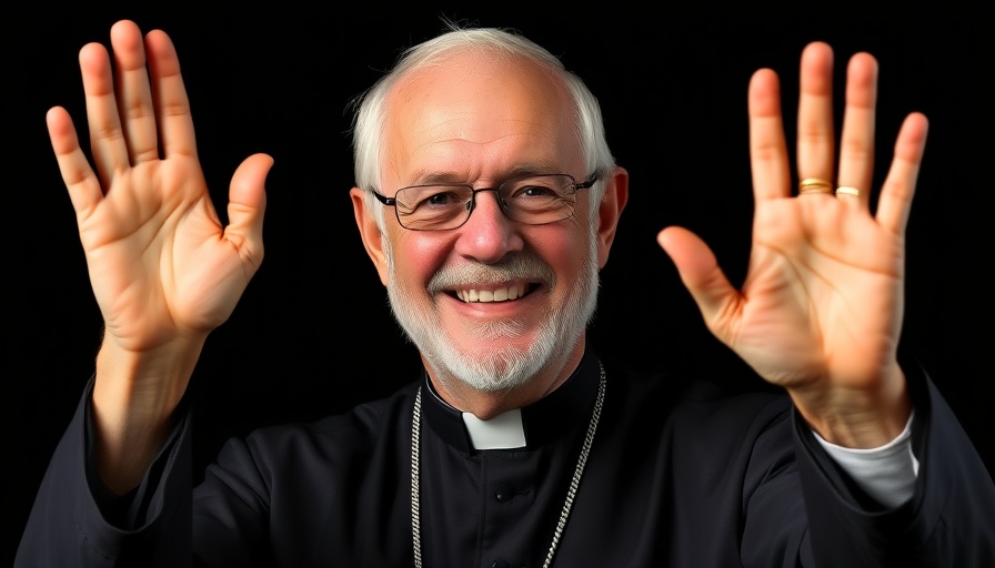 Pope Francis smiling and waving, black background, impact on SDA.
