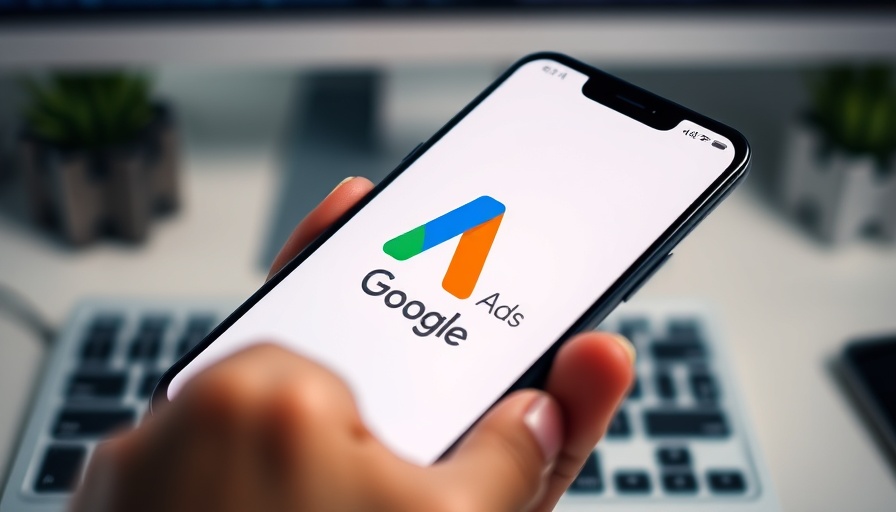 Google Ads logo on smartphone with keyboard background.