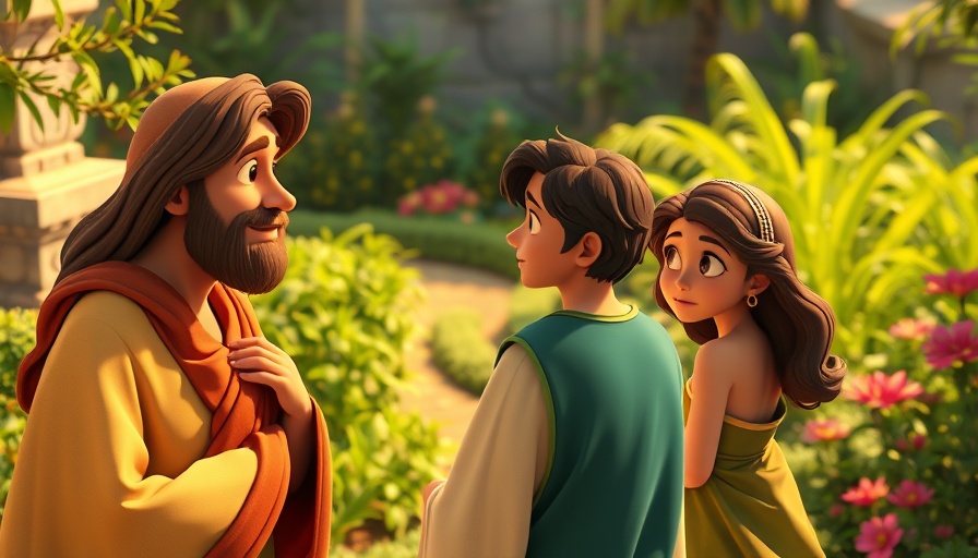 Doubting Thomas faith story animated scene in lush garden