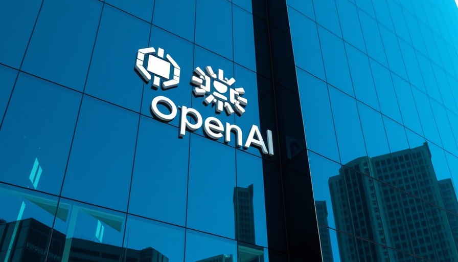 OpenAI logo on glass building with sky reflection, blue