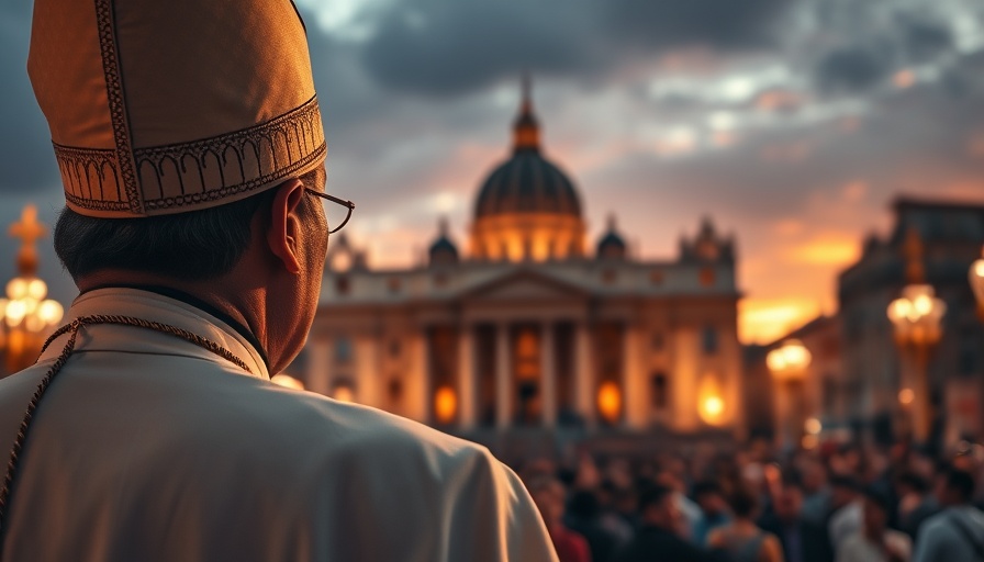 Papal figure in front of St. Peter's Basilica with question mark, symbolic of electing the Pope at GC sessions.