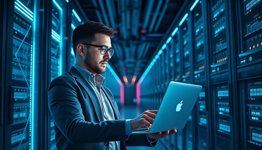Professional in data clean room inspecting servers with neon lights.