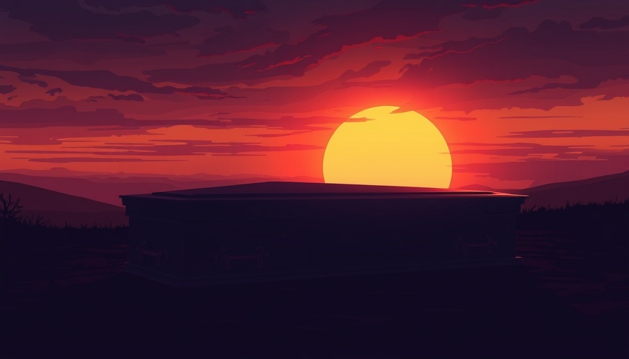 Somber illustration of casket at sunset exploring understanding death and near-death experiences.