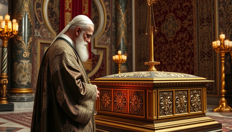 Solemn religious ceremony with ornate casket and decorative surroundings, Sunday Laws for Adventists theme.
