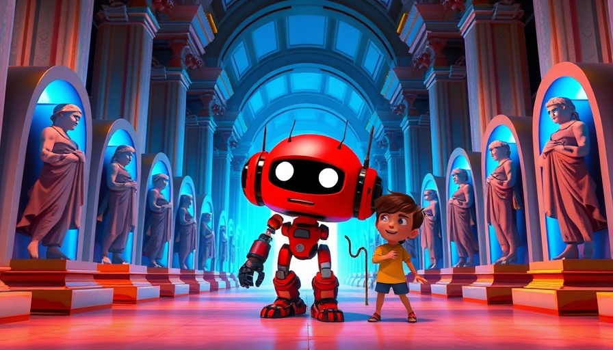 Heroes of the Bible: Animated robot with kids in ornate hall.