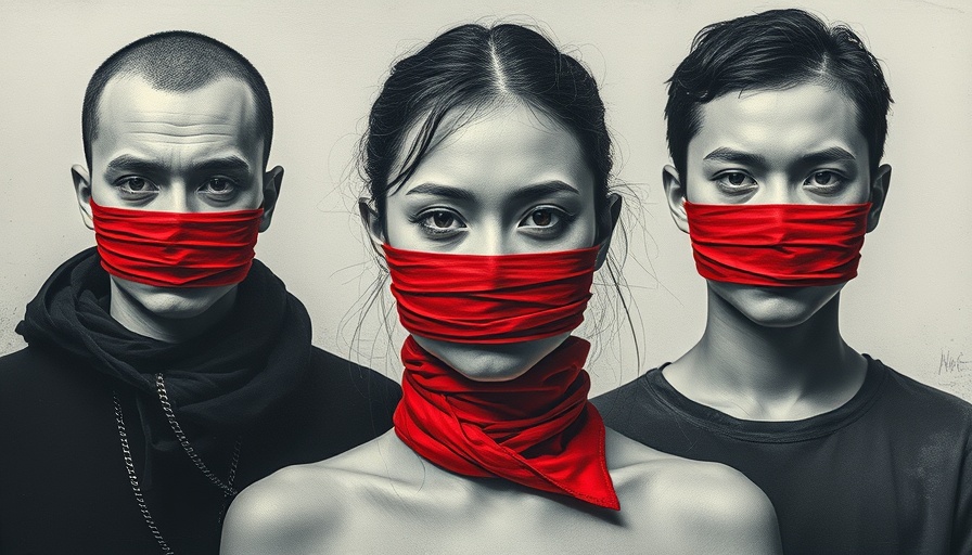 Abstract art of silenced individuals in monochrome.