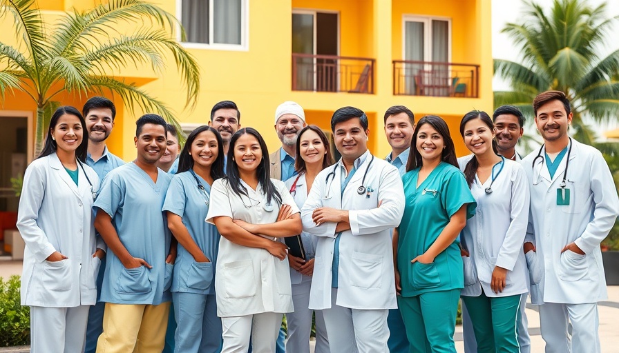 AdventHealth and Maranatha health clinics team photo in a tropical community setting.