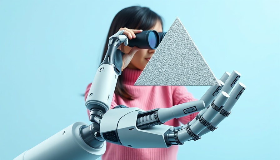 Robotic hand and woman binoculars display content.