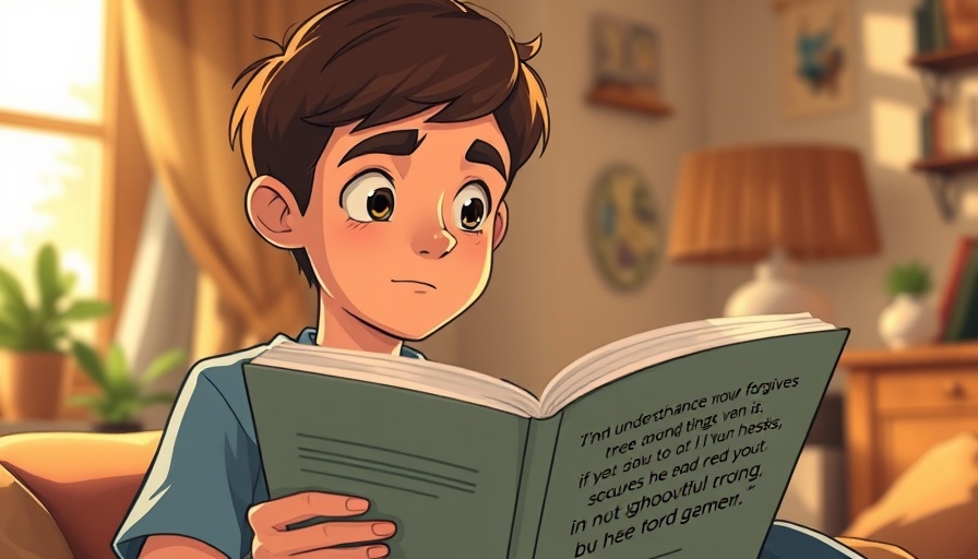 Inspirational cartoon teen reading in cozy room with sunlight and text.