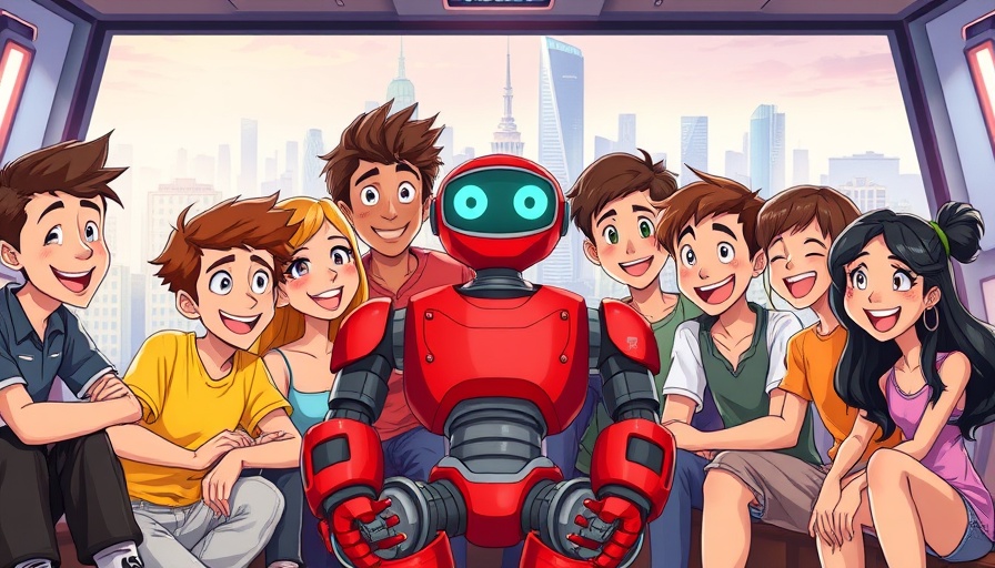 Animated friends and robot sitting together in a futuristic room.