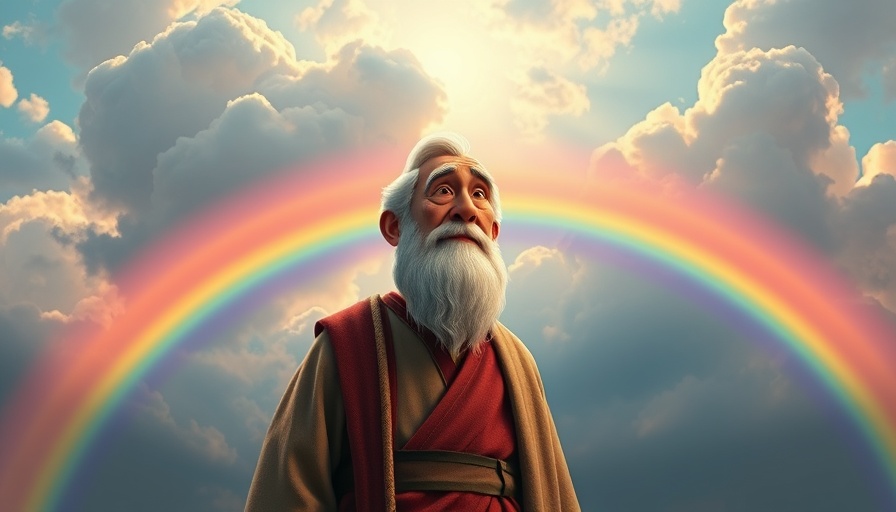 Superbook Heroes of the Bible animated character with rainbow.