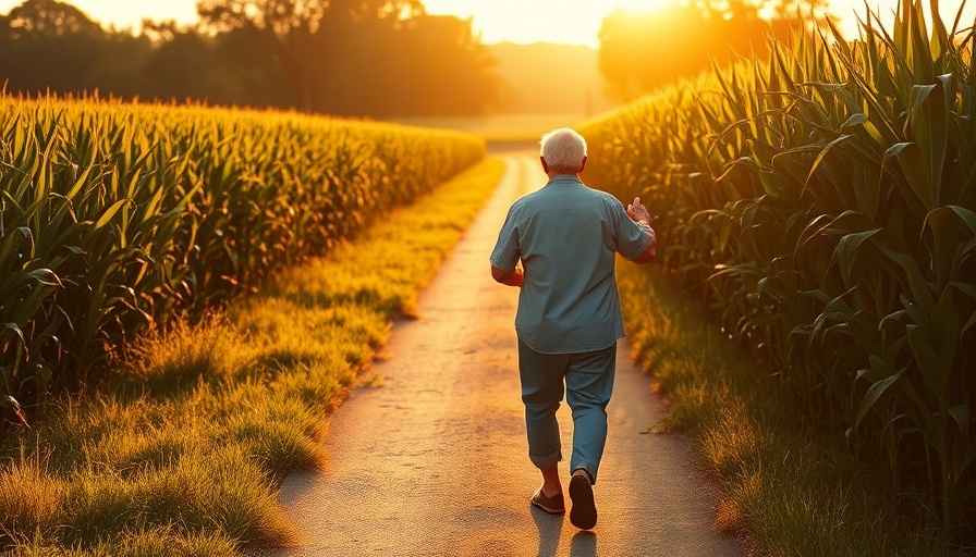 Elderly friends walk at sunset, symbolizing dialogue in a rural setting.