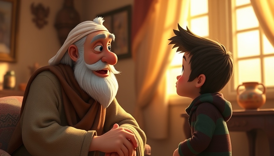 Animated mentor and boy sharing wisdom in soft sunlight.