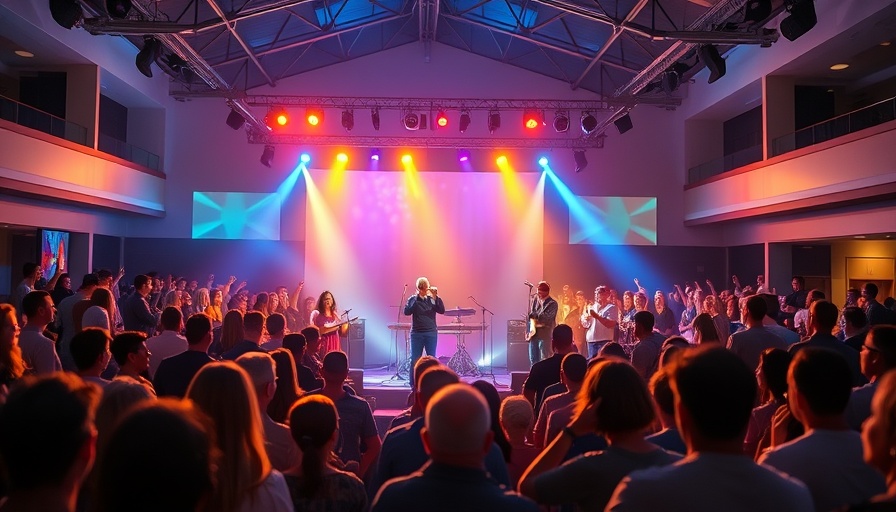 Worship service at Southern Adventist University with vibrant lighting.