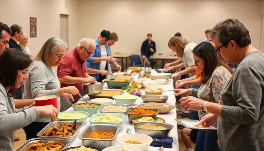Community potluck with diverse group serving food.