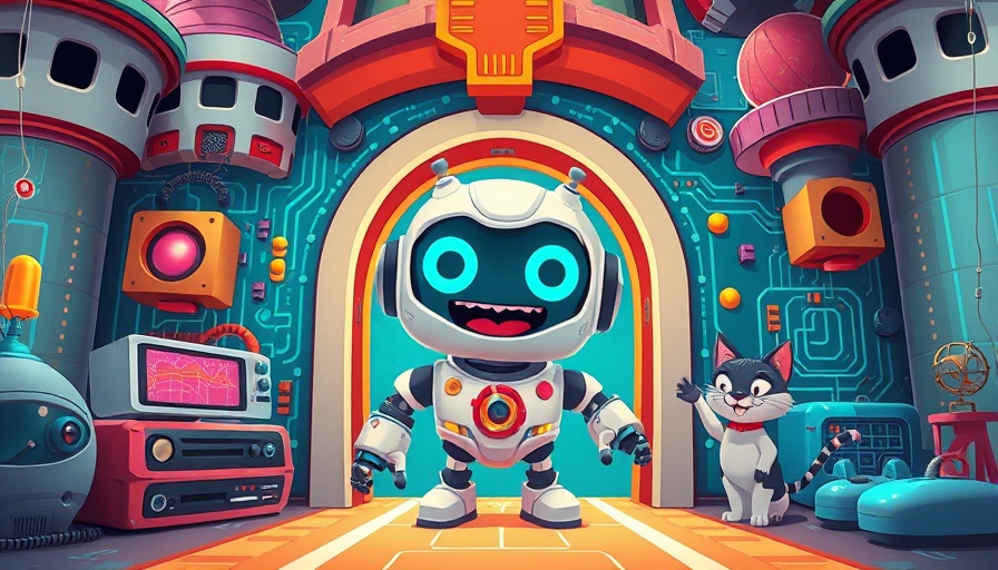 Animated robot in a castle with gadgets and cat, vibrant cartoon.