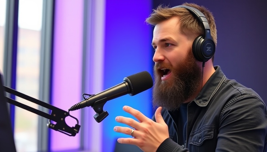 AI-Powered Personalization in Advertising podcast discussion with bearded man in studio.