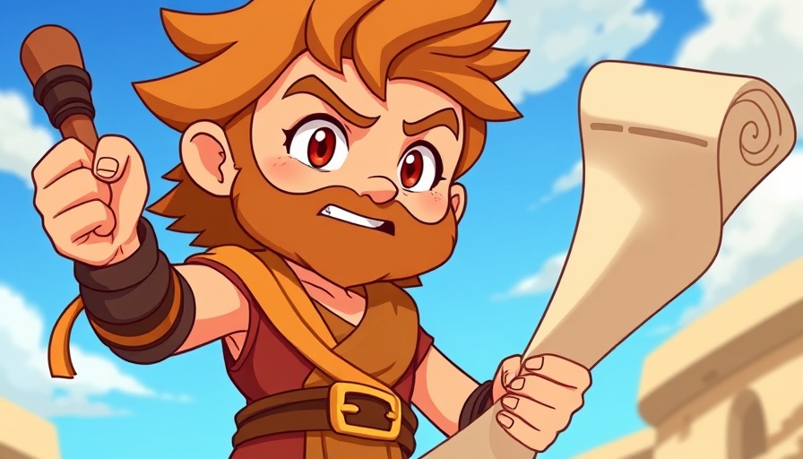 Animated character with scroll in biblical scene, emphasizing strength.
