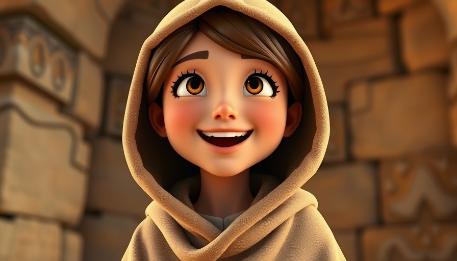 3D animated joyful character in Biblical setting, Elizabeth and Mary reunion.