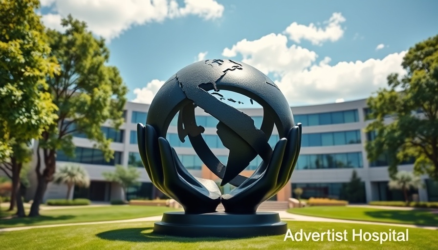 Modern Adventist hospital with globe sculpture and green grounds.