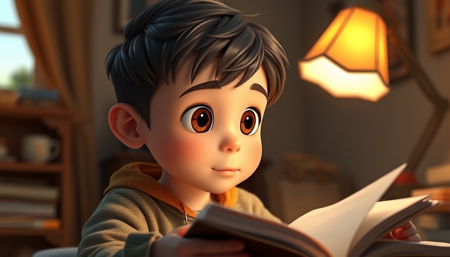 Animated boy reading under a lamp, encourage kids to read the Bible every day.