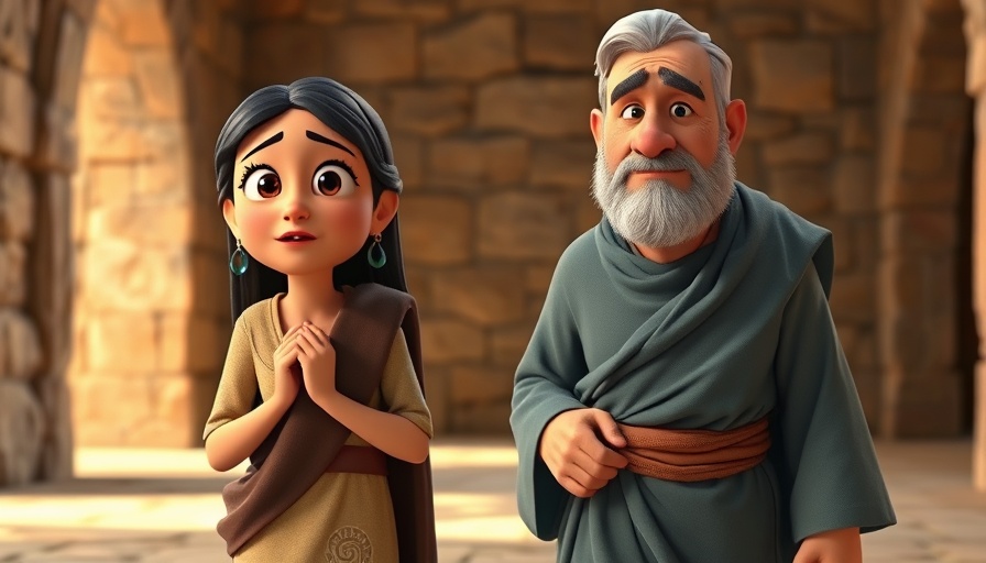 Biblical characters animated indoors showing faith in animated scene.