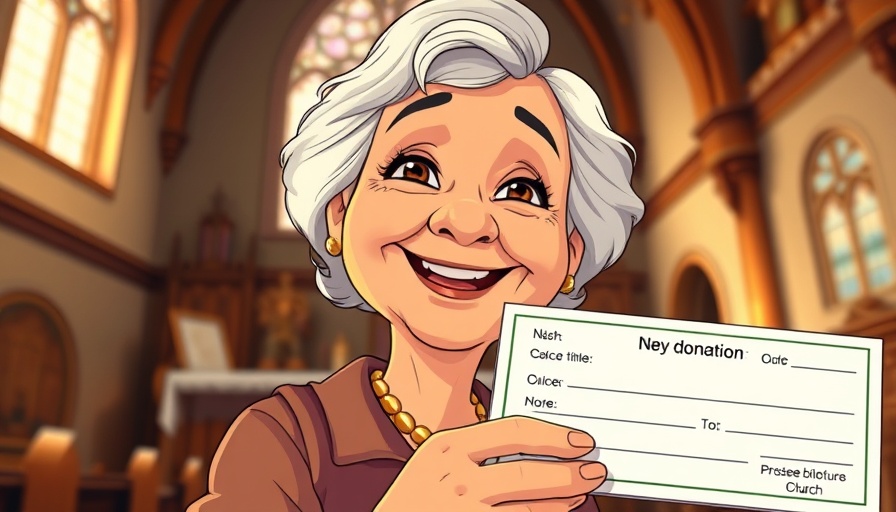 Animated elderly woman smiling warmly while giving in a church setting, emphasizing cheerful giving in SDA Faith.