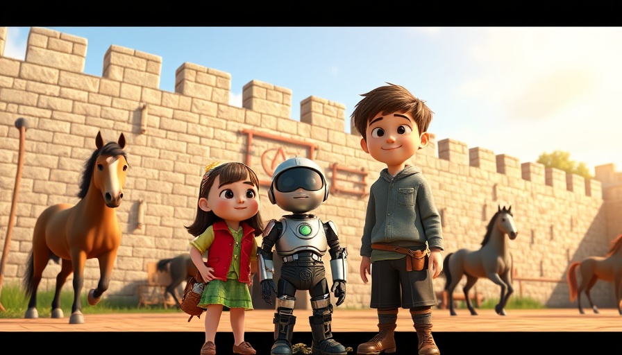 Animated children and robot in historical setting, with horses