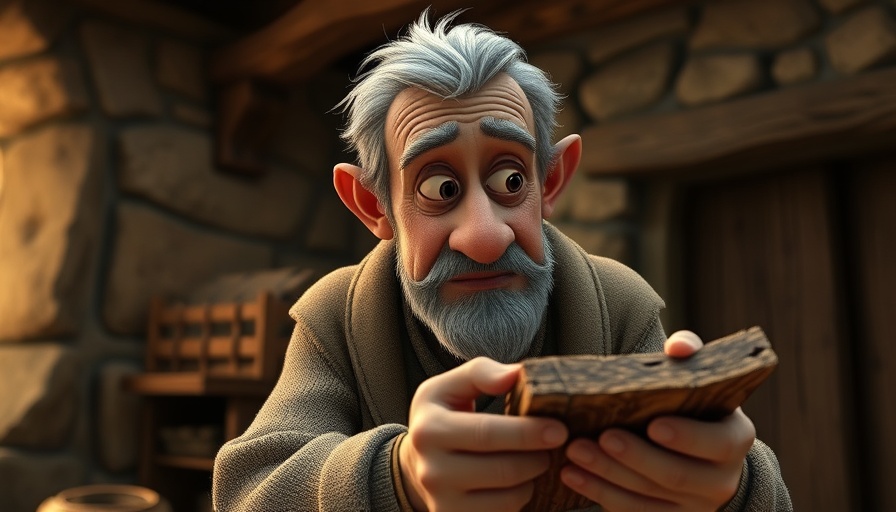 Animated man examining an object in an ancient setting, Birth of John the Baptist theme.