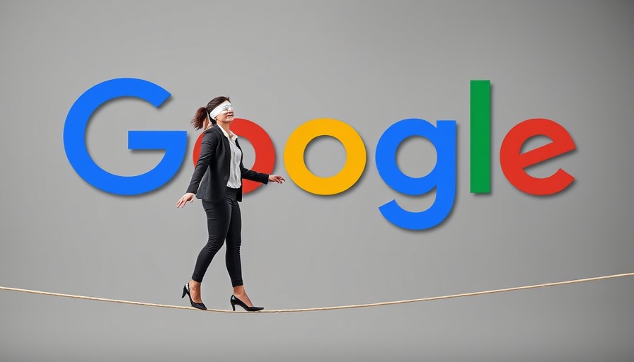 Businesswoman balancing on rope in front of Google logo.