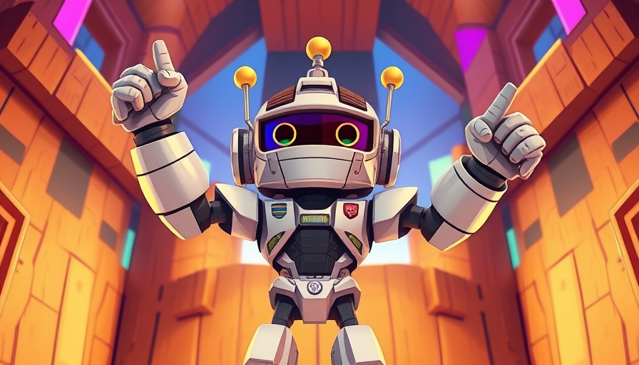 Cartoon robot king in fortress, digital backdrop