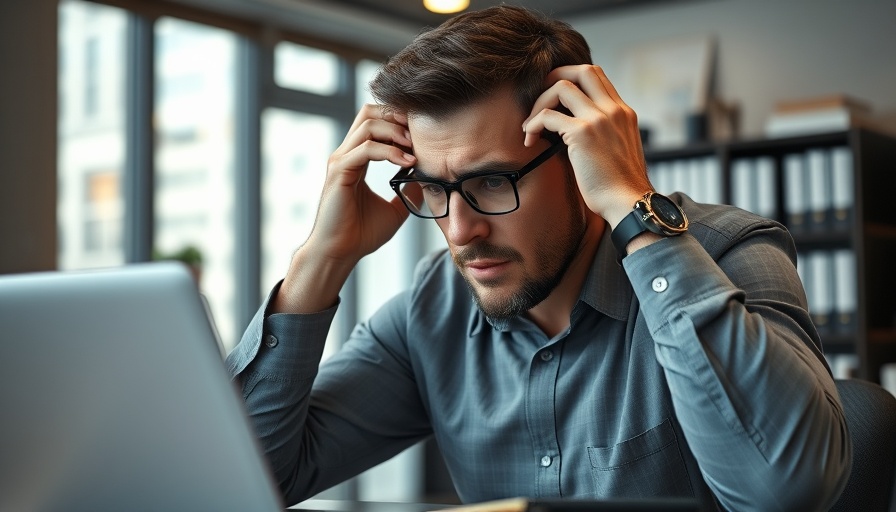 Stressed man showing frustration at work due to internal silos in SEO.
