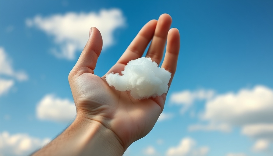 Hand seemingly holding a cloud against blue sky, imaginative perspective.