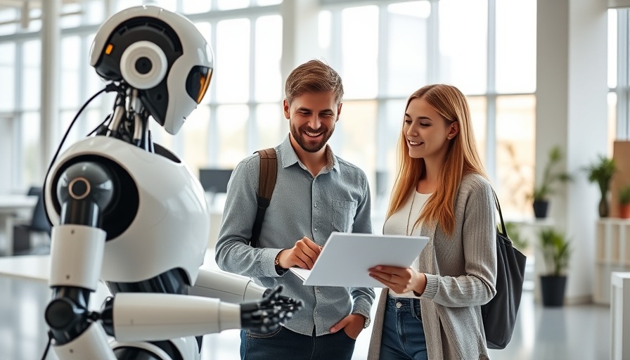 Woman working with humanoid robot on Google Ads AI features in a bright office.