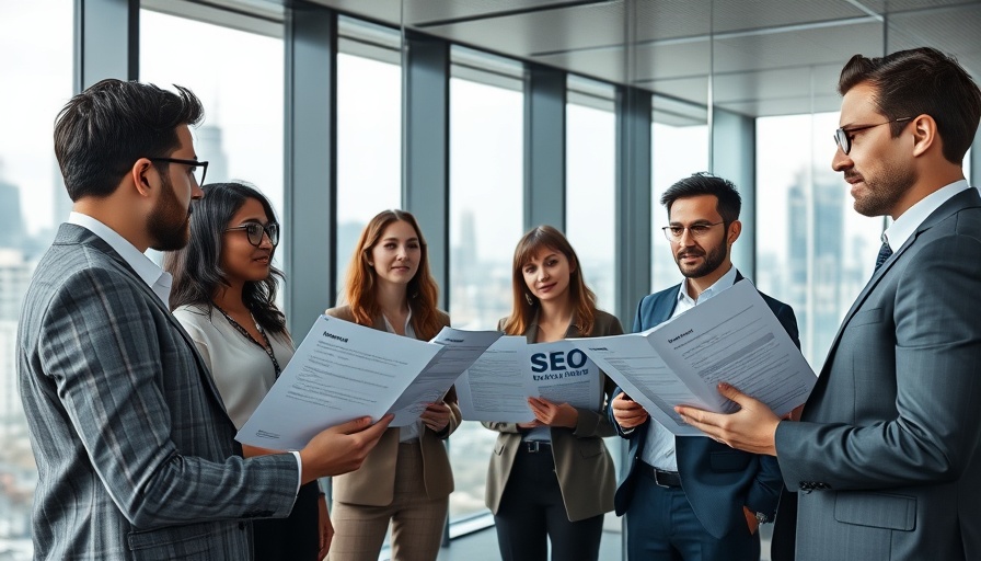 Business team discussing SEO reporting for business impact in modern office.