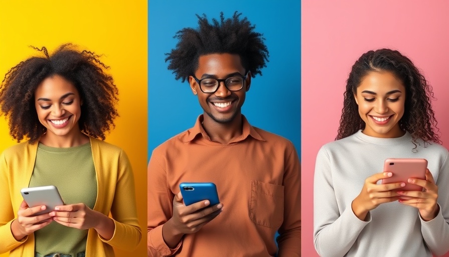 Vibrant triptych showing diverse people using smart devices.