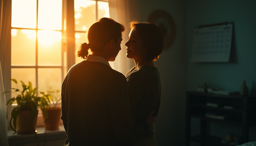 Silhouetted couple embracing, looking out a window in a warmly lit room.