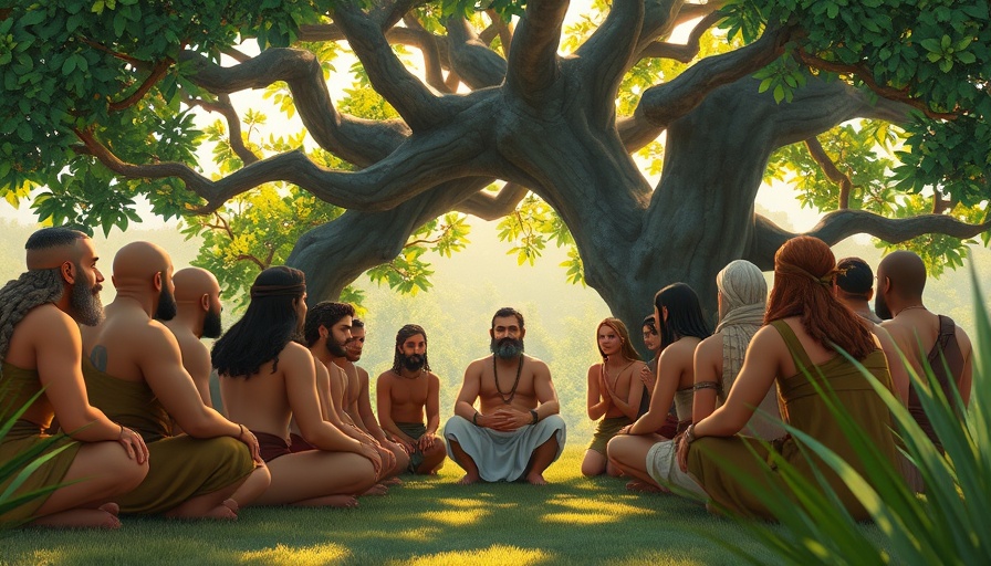 Faith in God salvation scene with group seated under a tree.