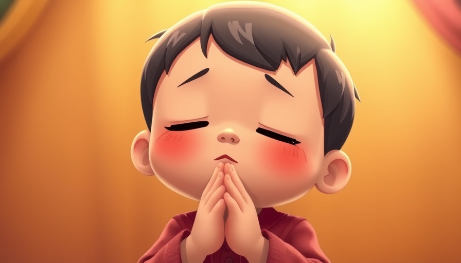 Cartoon child praying earnestly, conveying warmth and positivity.