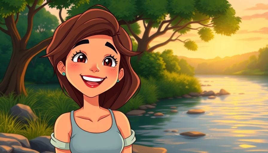 Animated woman smiling by a river during sunset, Paul and Silas story.