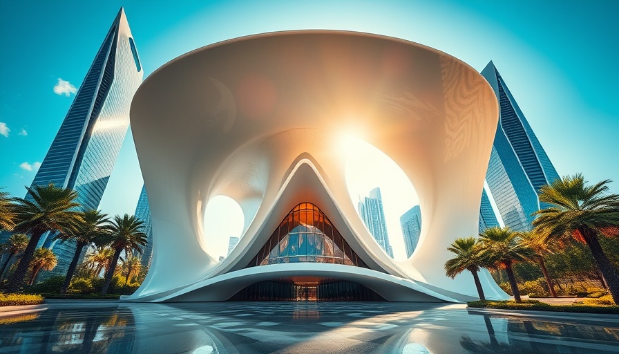 Futuristic architecture with Arabic calligraphy and palm trees.