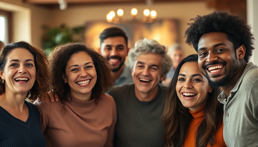 Diverse group of people smiling warmly at an indoor event.