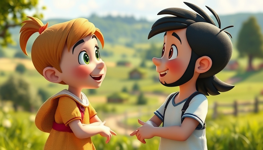 3D cartoon characters discuss new life with Bible verse.