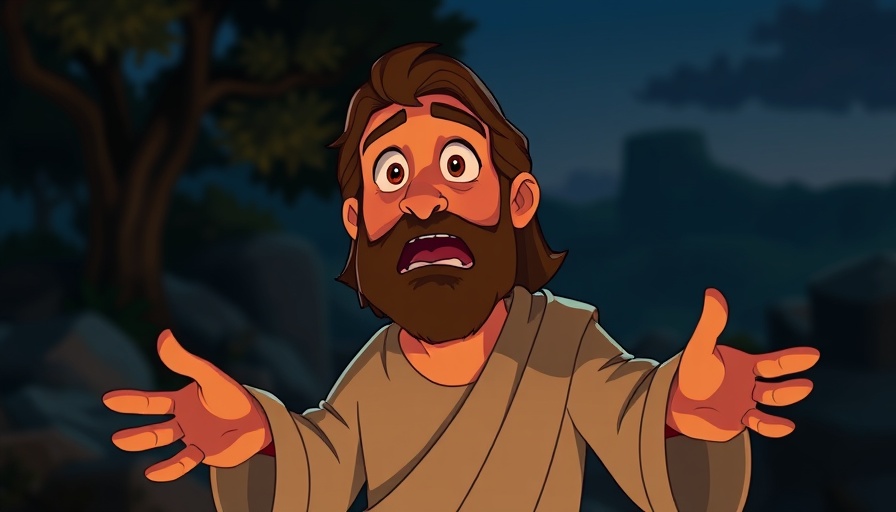 Cartoon biblical figure expressing surprise in a dramatic scene.