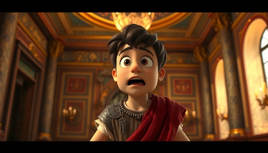 Animated Roman character, surprised in warm, historic room.