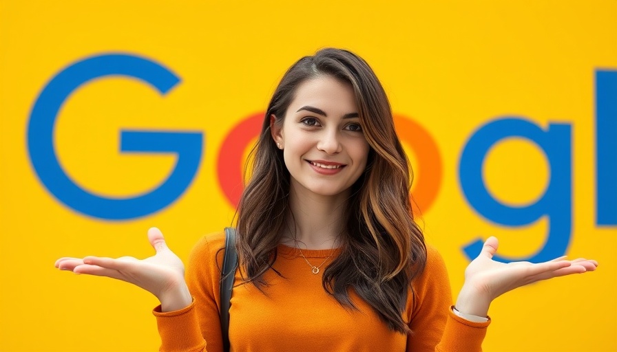 Young woman shrugging in front of Google logo on yellow background.