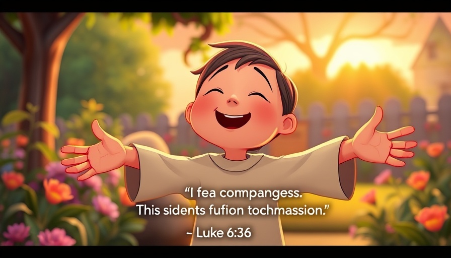 Animated character conveying compassion in serene garden with quote about compassion. Spread love and kindness.