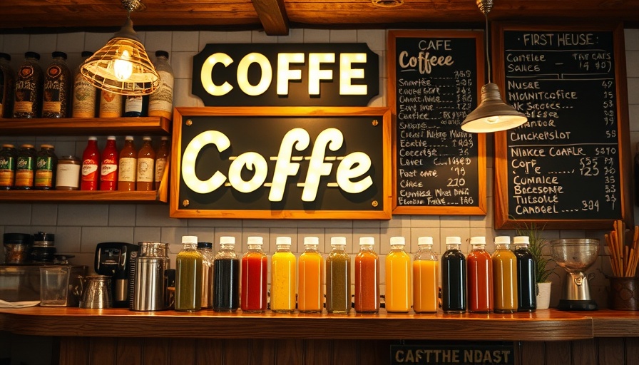 Vintage café counter with coffee sign, juice bottles, and menu.
