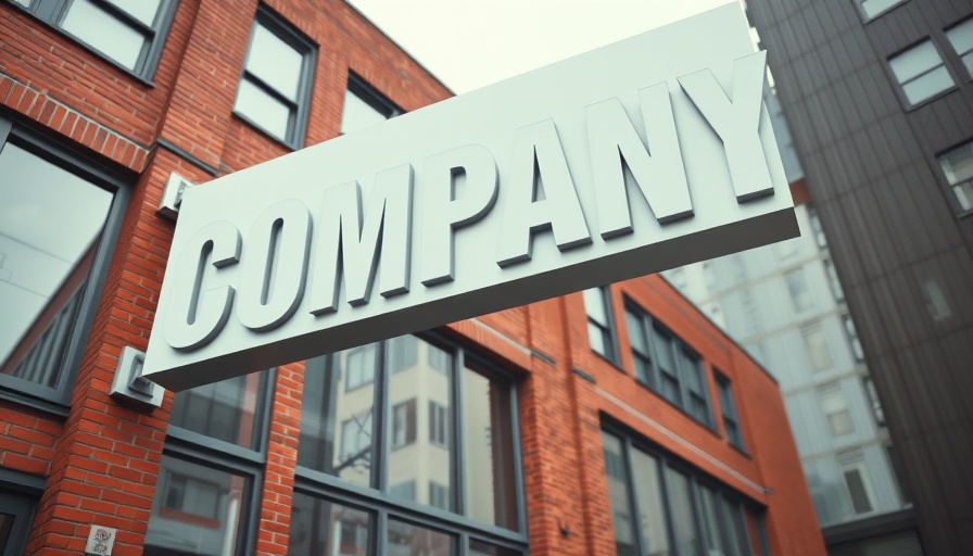 Urban facade featuring a large company sign, brick background