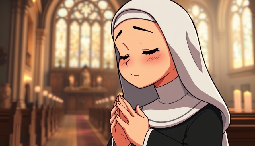 Peace through prayer, animated nun in deep reflection.